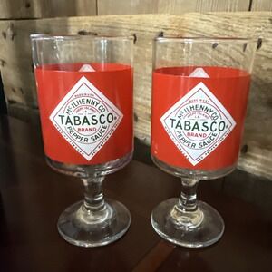 Set of 2 TABASCO Bloody Mary Glasses Mcilhenny Hot Sauce Barware Stemmed Goblets